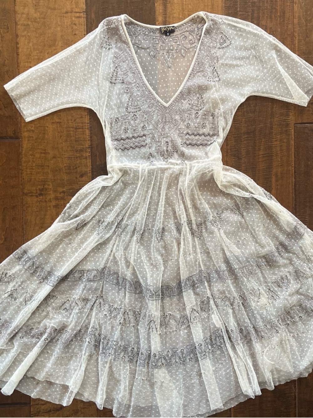 BIYA by Johnny Was cream sheer embroidered mesh midi fit and flare dress Size S
